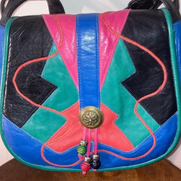 Vintage Color-block 80’s 90’s Leather Bag - Picture 3 of 13